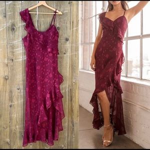 Burgundy Floral Jacquard Ruffled Chiffon Dress